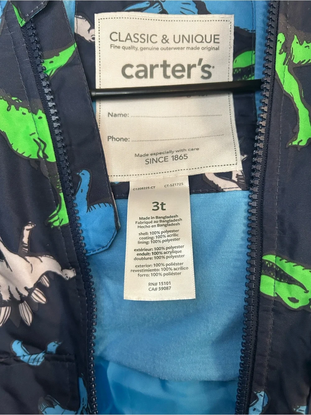 Carter's Navy Hooded Rain Jacket with Blue, Green & Gray Dinosaurs SZ 3T
